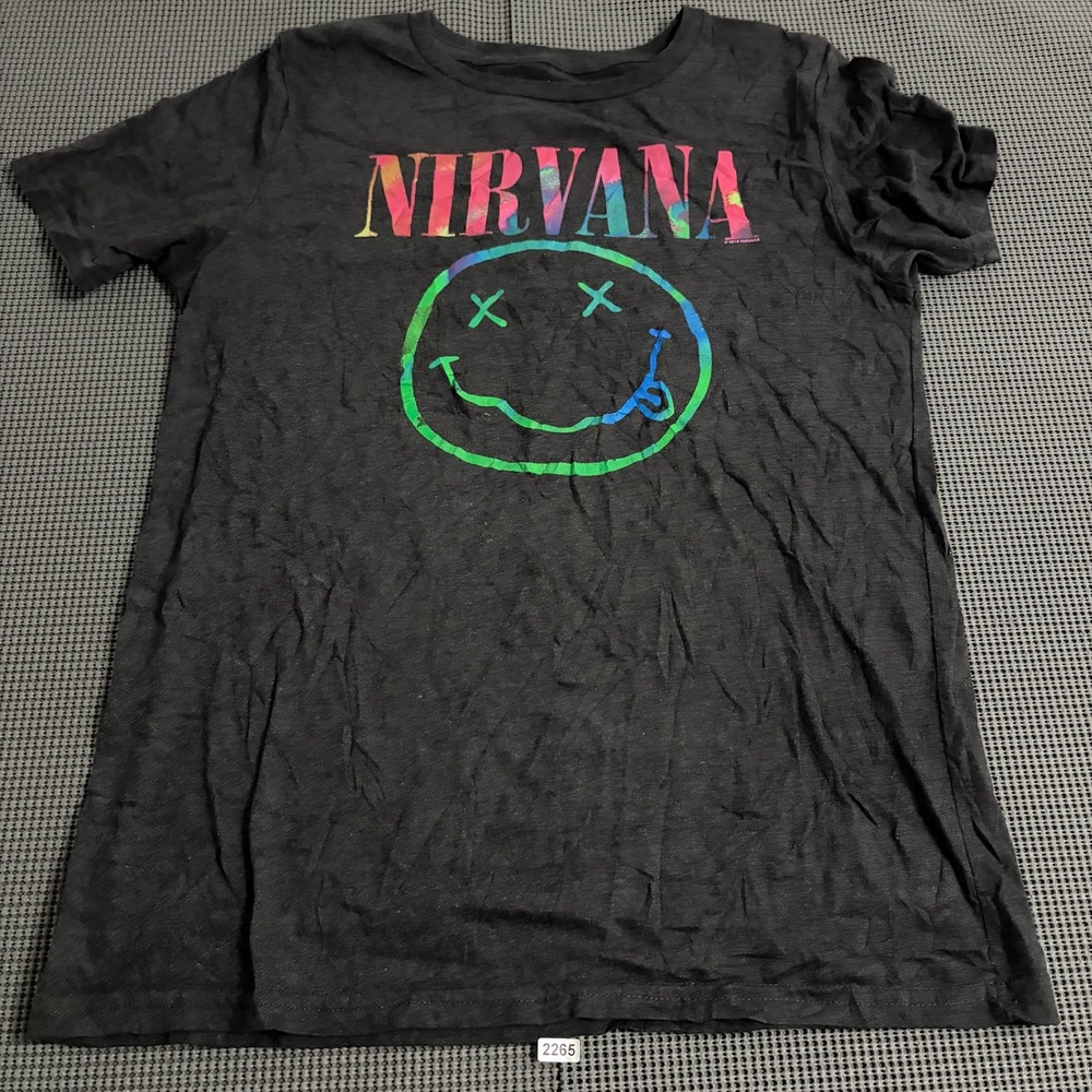 Nirvana Smiley Face Graphic T-Shirt Black Rainbow Tie Dye Logo Mens Large L
